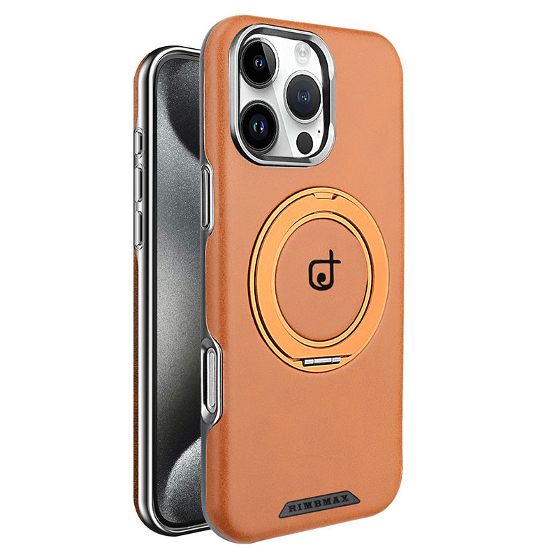 Orange phone case with a circular design on a white background