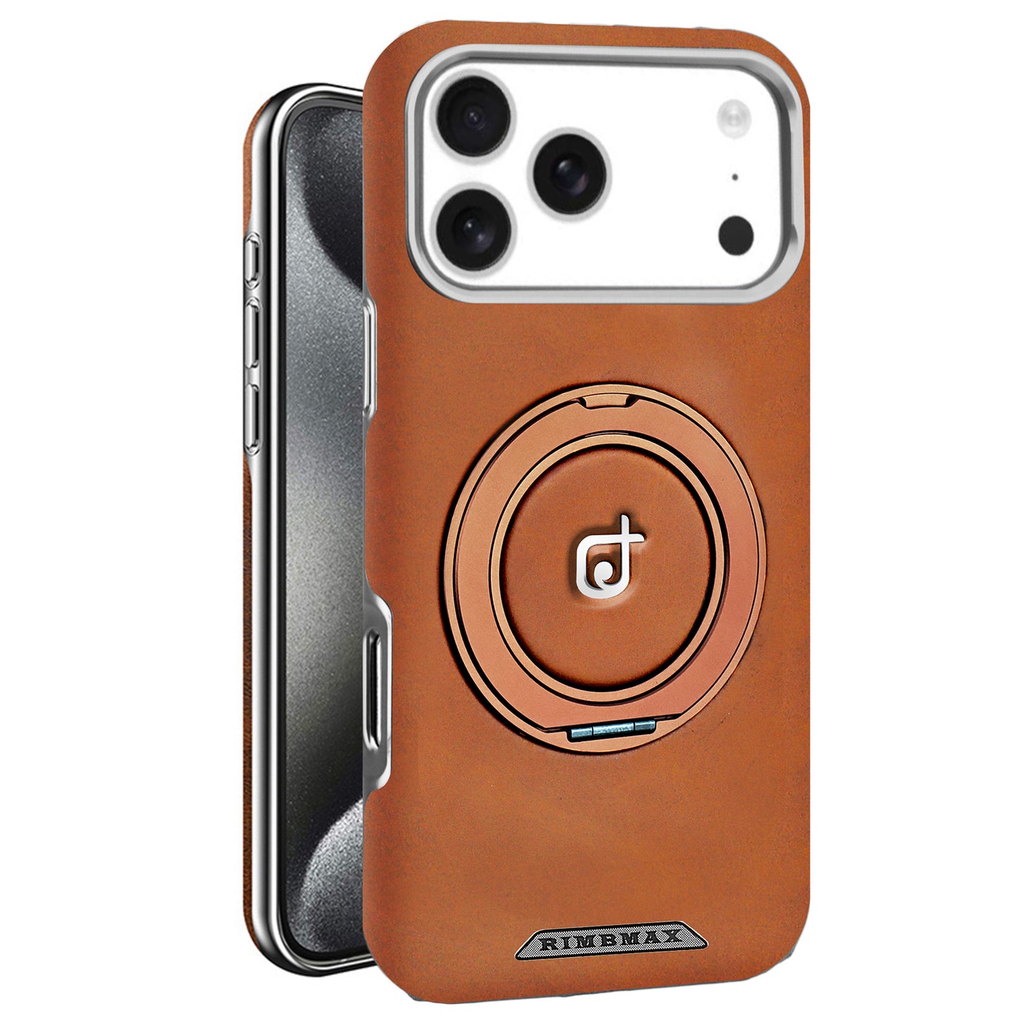 Brown phone case with circular design and visible brand logo on a white background