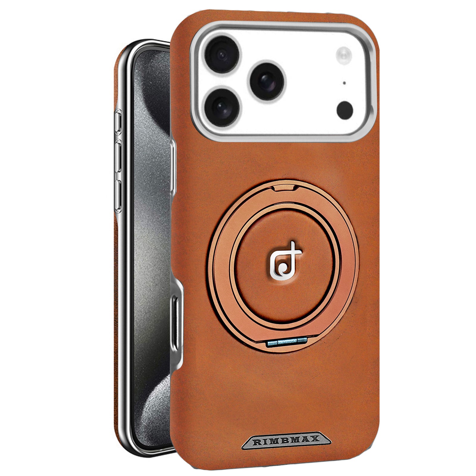 Brown phone case with circular design and visible brand logo on a white background