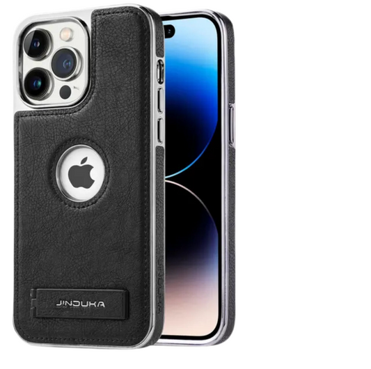 Luxury leather kickstand phone case with slim metal bumper for iPhone 11 to 16 Pro Max