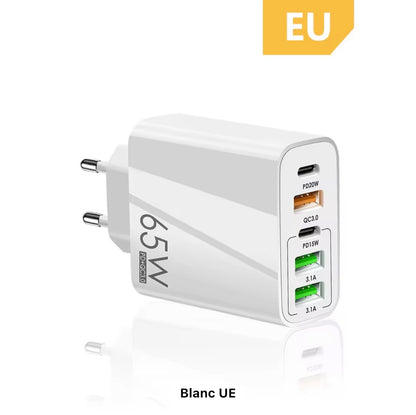 Chargeur rapide tout-en-un 65 W – Charge ultra-rapide PD et QC 3.0 pour téléphones, tablettes et ordinateurs portables