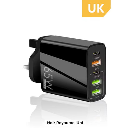 Chargeur rapide tout-en-un 65 W – Charge ultra-rapide PD et QC 3.0 pour téléphones, tablettes et ordinateurs portables