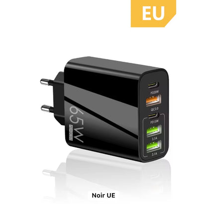 Chargeur rapide tout-en-un 65 W – Charge ultra-rapide PD et QC 3.0 pour téléphones, tablettes et ordinateurs portables
