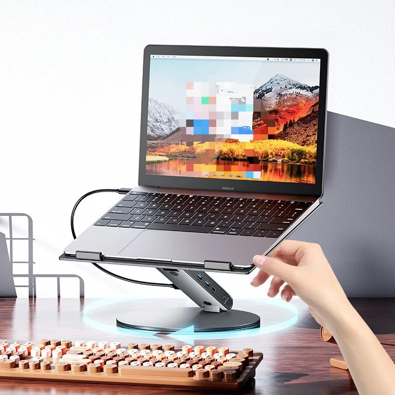 6-in-1 Aluminum Laptop Stand with USB Hub – Adjustable, Rotatable, Heat Dissipation
