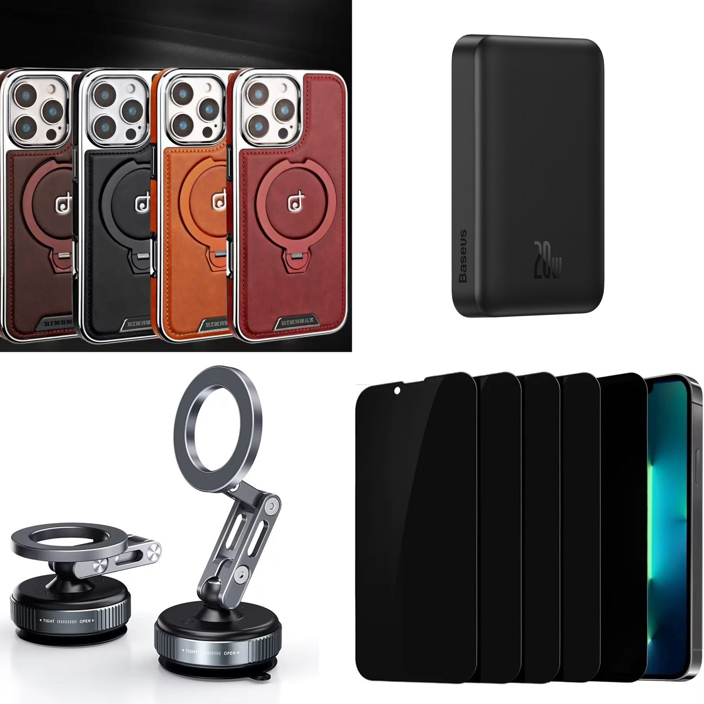 Pack d'accessoires essentiels pour iPhone : coque, batterie externe MagSafe, support voiture et protection d'écran