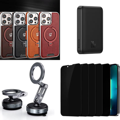 Pack d'accessoires essentiels pour iPhone : coque, batterie externe MagSafe, support voiture et protection d'écran