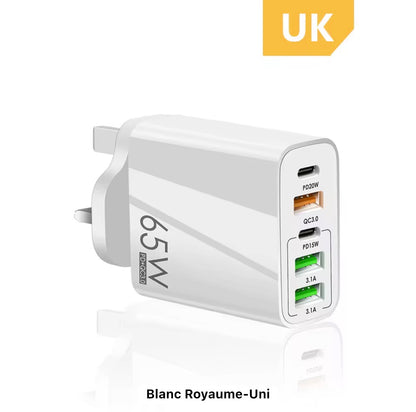 Chargeur rapide tout-en-un 65 W – Charge ultra-rapide PD et QC 3.0 pour téléphones, tablettes et ordinateurs portables