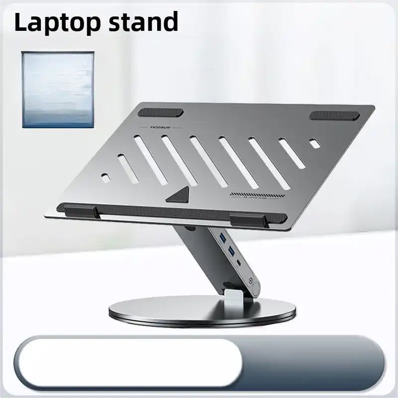6-in-1 Aluminum Laptop Stand with USB Hub – Adjustable, Rotatable, Heat Dissipation