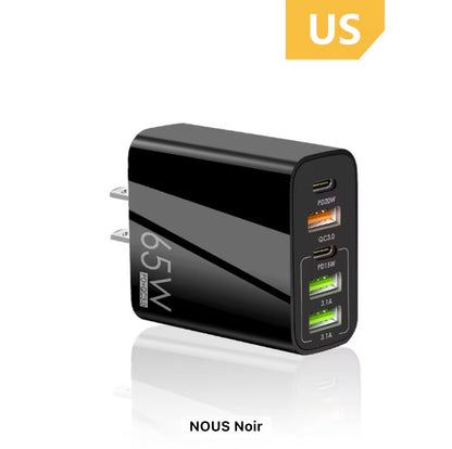 Chargeur rapide tout-en-un 65 W – Charge ultra-rapide PD et QC 3.0 pour téléphones, tablettes et ordinateurs portables