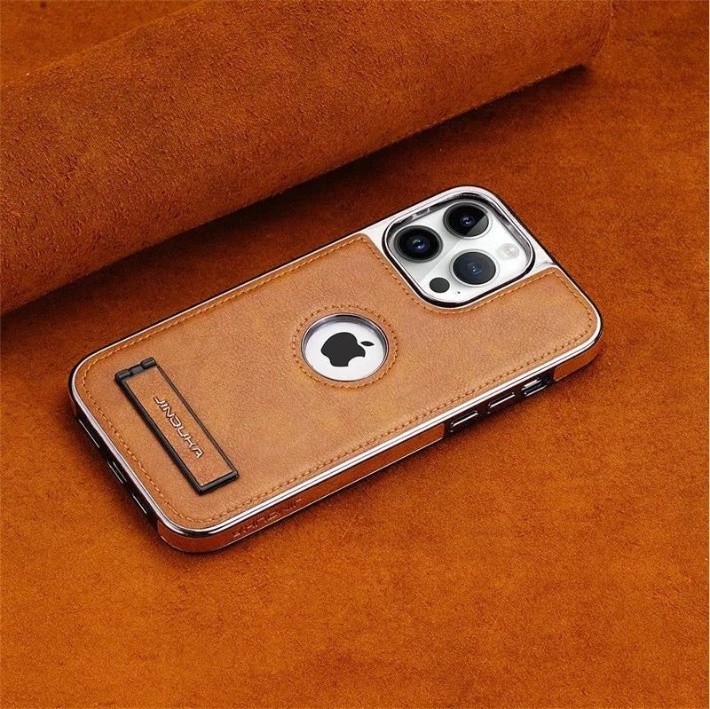 Luxury Leather Kickstand Phone Case for iPhone 16 15 14 13 12 11 Pro Max– Slim Metal Bumper Cover
