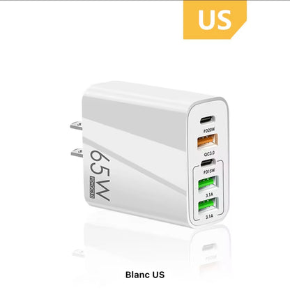 Chargeur rapide tout-en-un 65 W – Charge ultra-rapide PD et QC 3.0 pour téléphones, tablettes et ordinateurs portables