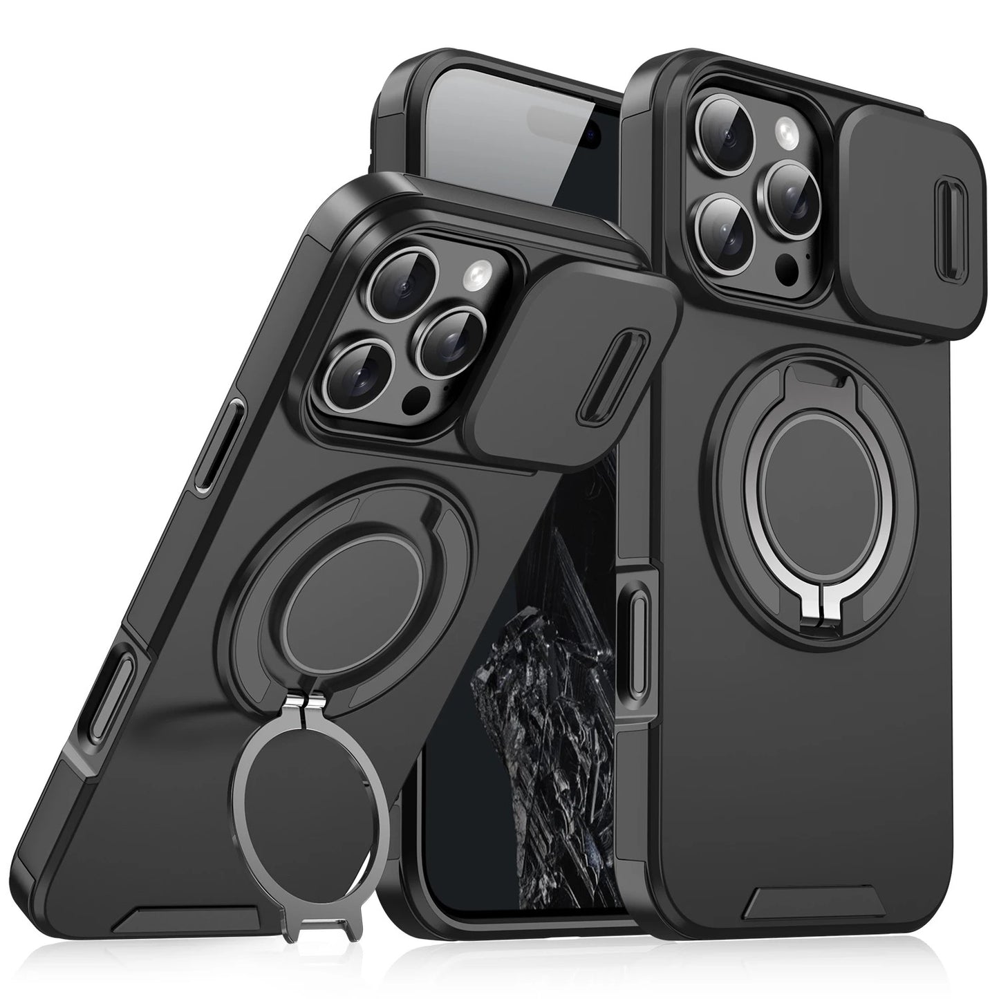 Black phone case with ring holder on a white background-CASE116