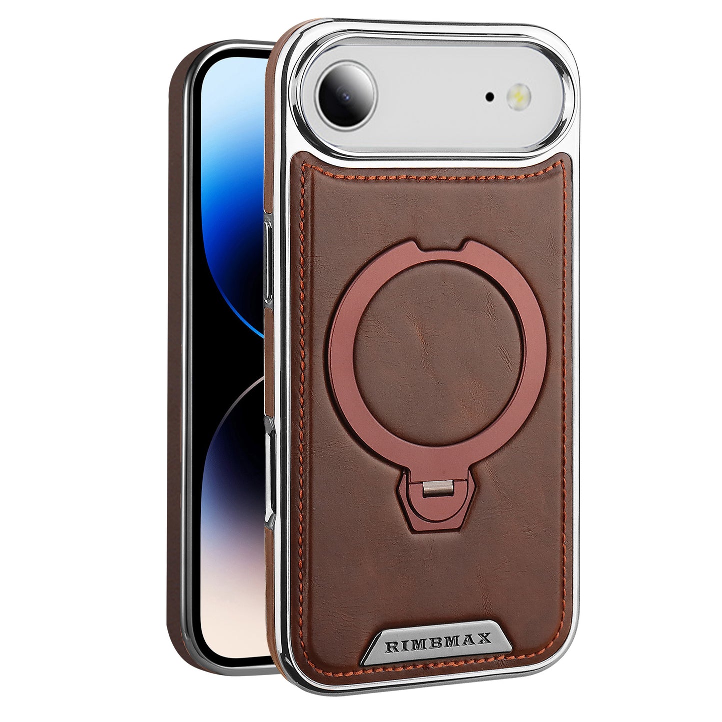 Brown phone case with a ring holder on a white background